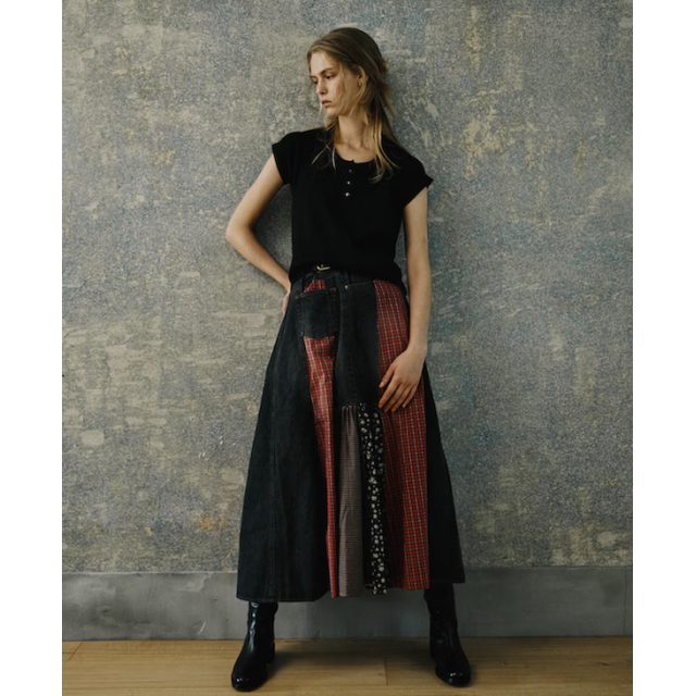 -winter sales- Freada Side front denim switching flared Skirt